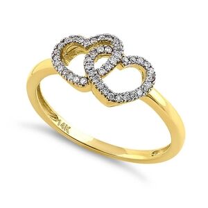 Solid 14K Yellow Gold Double Heart Diamond Ring